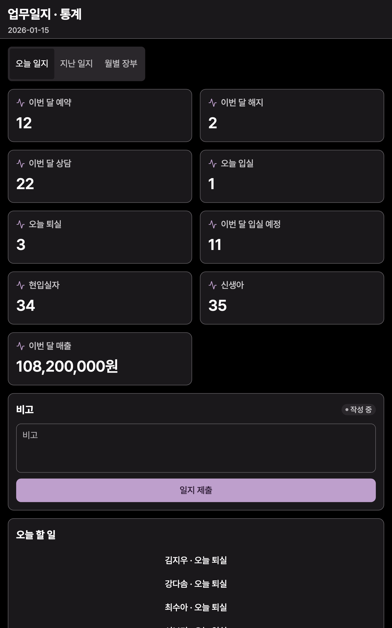 c13_journal — tablet · dark · ko · text 1.3x